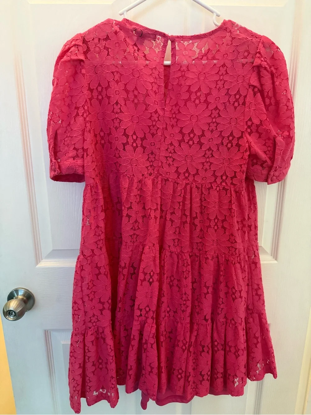 Aqua Bright Pink Lace Puff-Sleeve Babydoll Dress
